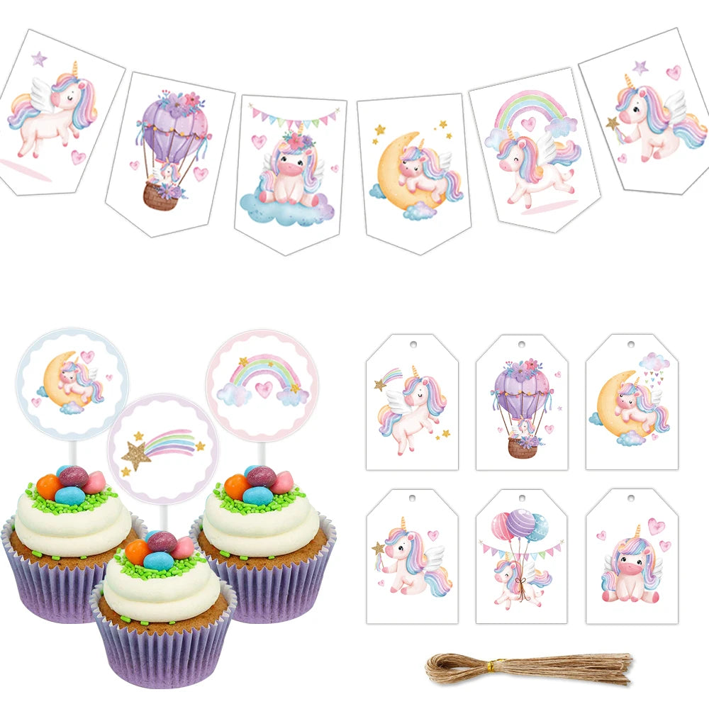 décoration fête licorne stickers autocollants toppers cupcakes bannières étiquettes colorées enfants illustrations