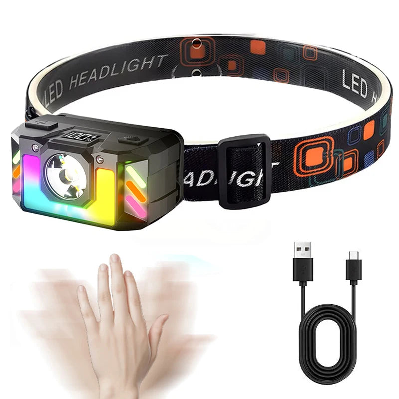 lampe frontale led rechargeable écran batterie couleurs multiples modes lumière stroboscopique