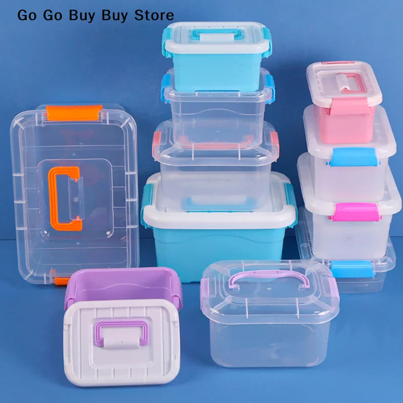 boîtes rangement transparentes bleues roses violettes poignées détachables moderne pratique enfants fournitures scolaires