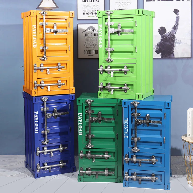 boîtes rangement métal tiroirs réutilisables jaune bleu vert rouge industriel moderne