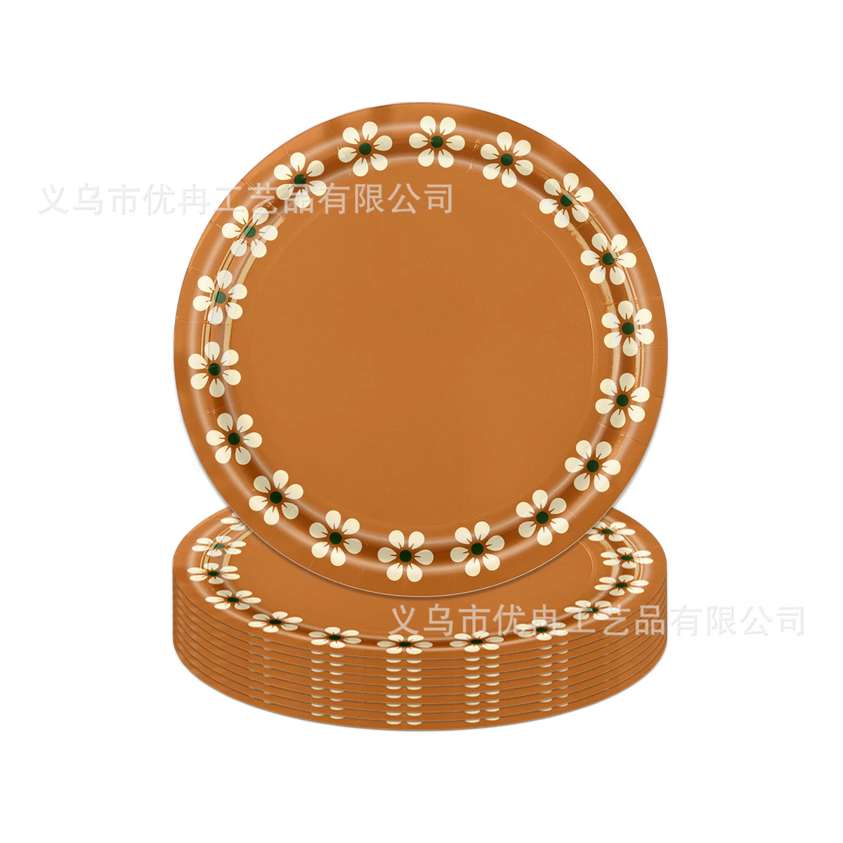 assiettes papier marron clair fleurs blanches occasion fête anniversaire vaisselle jetable