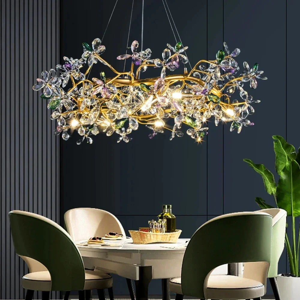 suspension lumineuse cristal branches dorées fleurs colorées moderne luxe salon salle manger cuisine