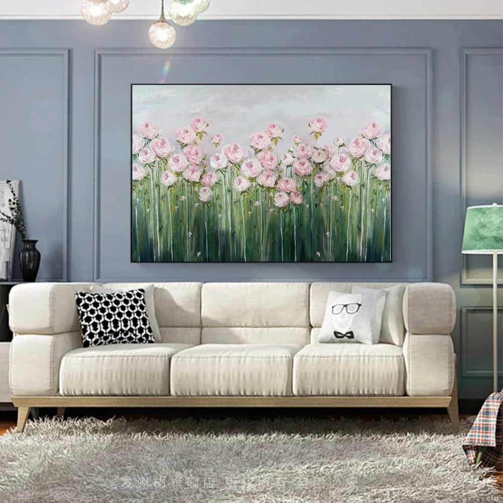 tableau abstrait fleurs peinture acrylique toile horizontale rose clair vert gris
