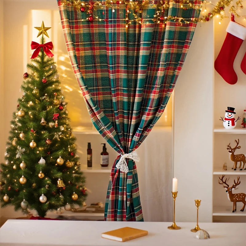 rideaux plaid écossais vert foncé rouge blanc chambre moderne polyester haute opacité tringle
