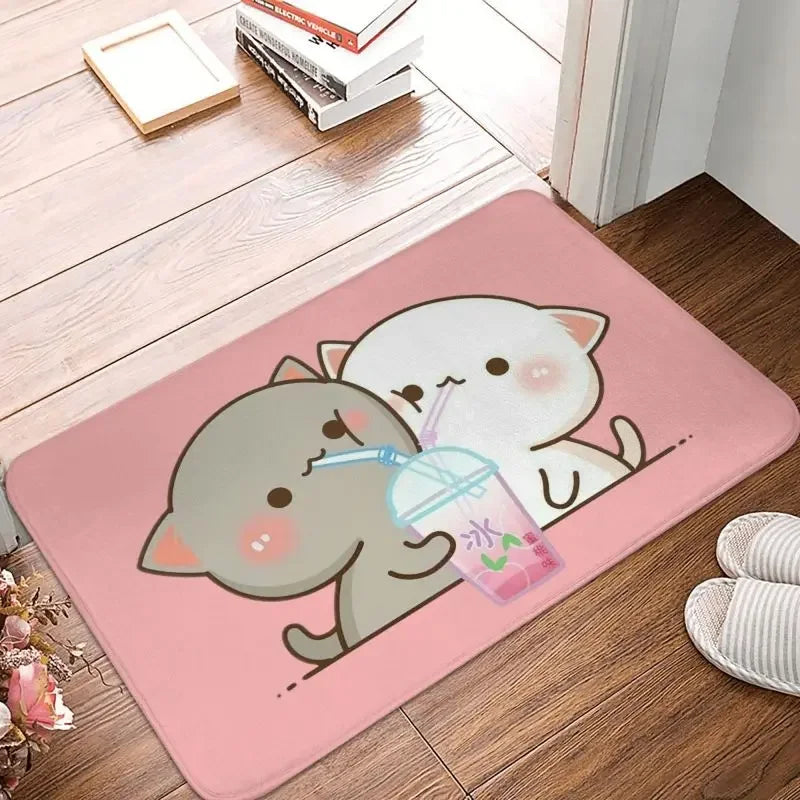 tapis sol moderne motif chat mignon mangeant nouilles rose gris blanc intérieur extérieur