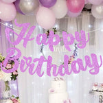 guirlande lettres happy birthday pailletées or rose violet noir cursive suspension anniversaire fête