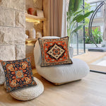 taies d'oreiller décoratives motifs floraux géométriques vintage bleu marine orange beige blanc polyester peachskin