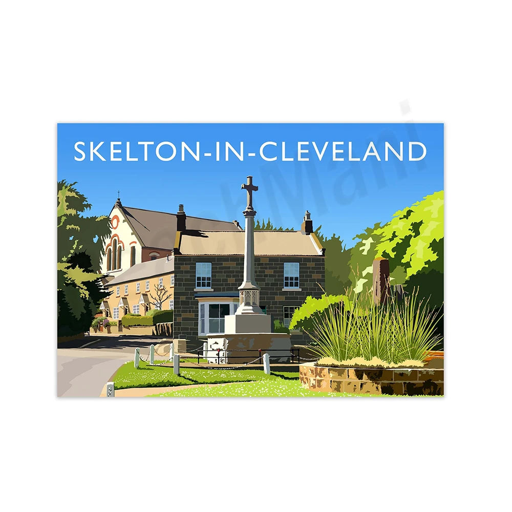 L'image montre une vue de l'église de Skelton-in-Cleveland, avec un magnifique bâtiment en pierre et une croix au centre d'une pelouse verdoyante, entouré d'arbres et de végétation.