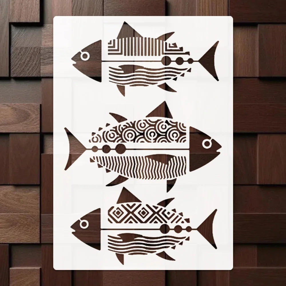 Stencil géométrique poisson ondule blanc brun noir ornement décoration peinture murale artisanale