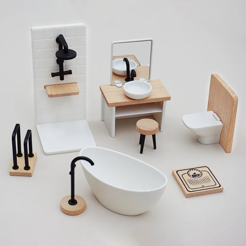 meubles salle bain miniature blanc bois moderne ensemble toilette vasque miroir tabouret