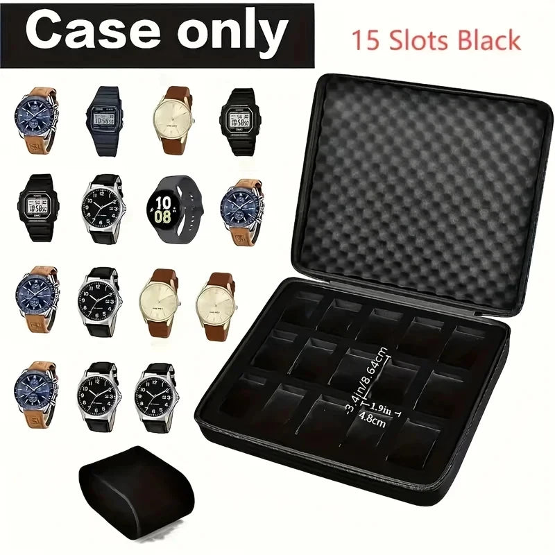 boîte rangement montres noir velours moderne 15 compartiments zipper 20cm 19cm 6.5cm