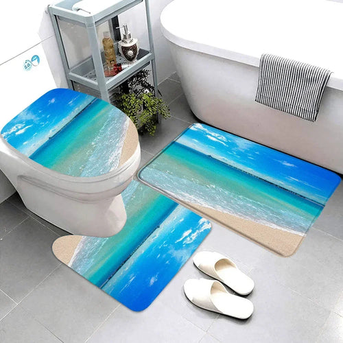 ensemble tapis toilette sol pantoufles blanches motif paysage marin plage tropicale bleu