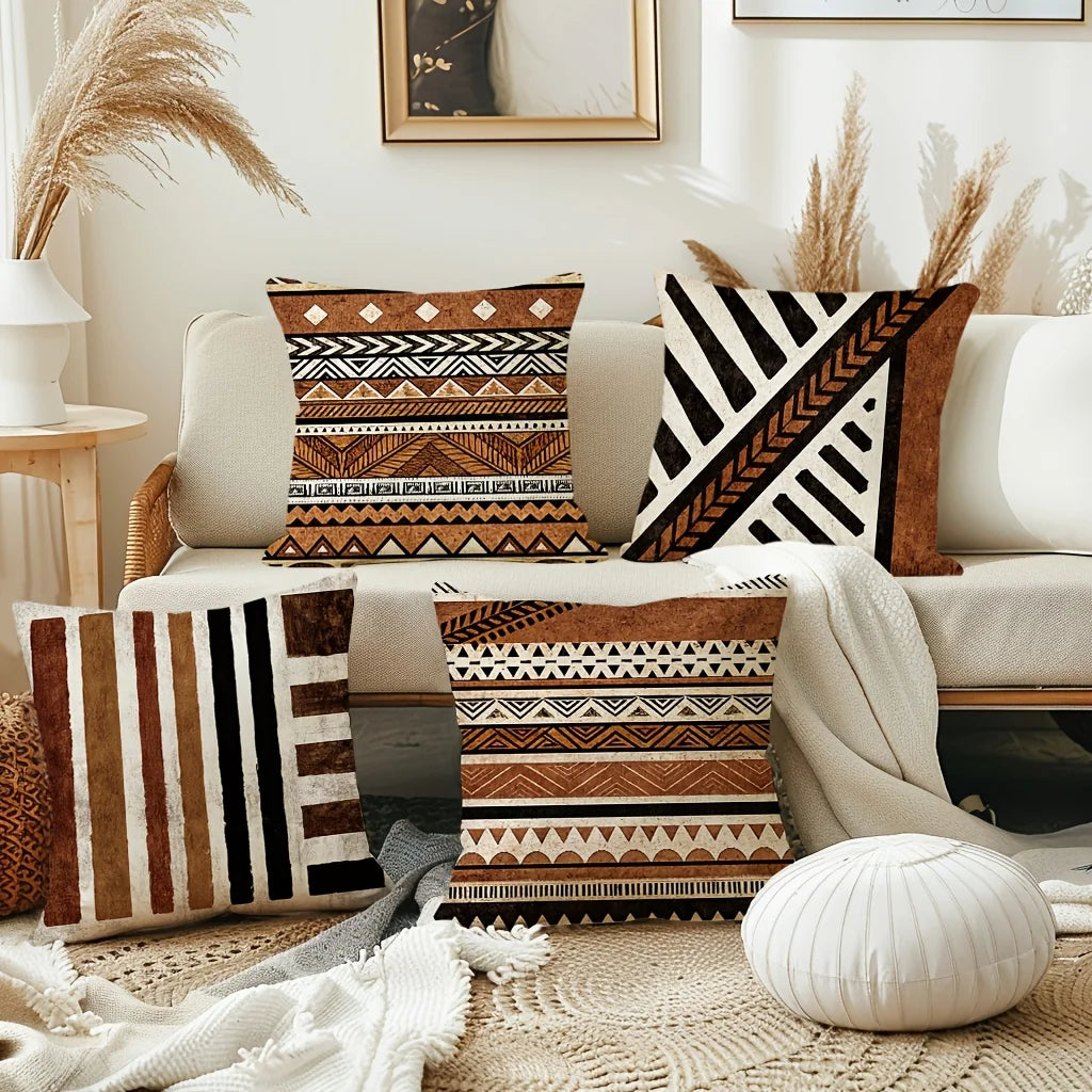 taies d'oreiller motifs géométriques multicolores ethnique polyester peachskin opacité décoration maison hospitalière 45x45cm