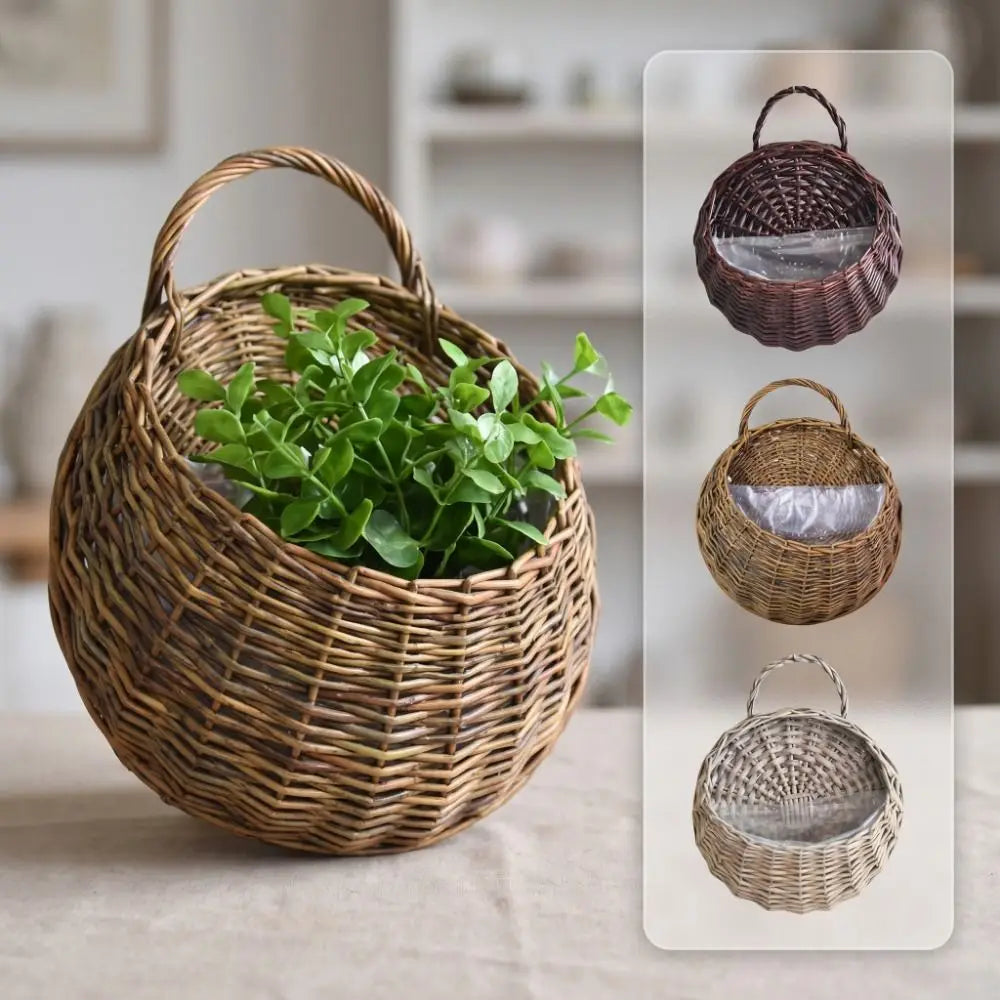 panier osier tressé marron clair traditionnel plantes fleurs balcon maison