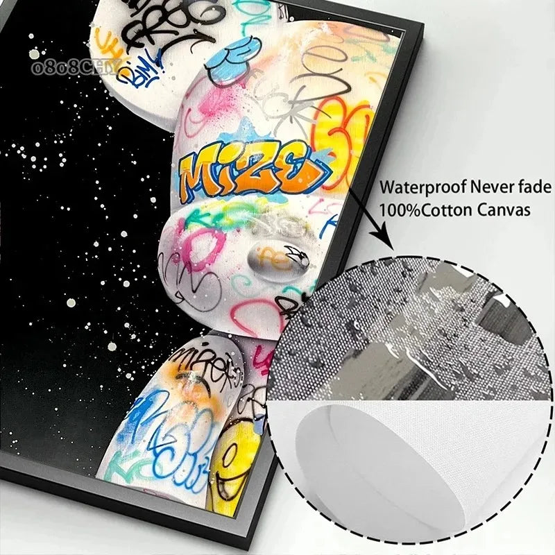 affiche moderne graffiti ours kawaii street art multicolore toile imprimée chambre decoration
