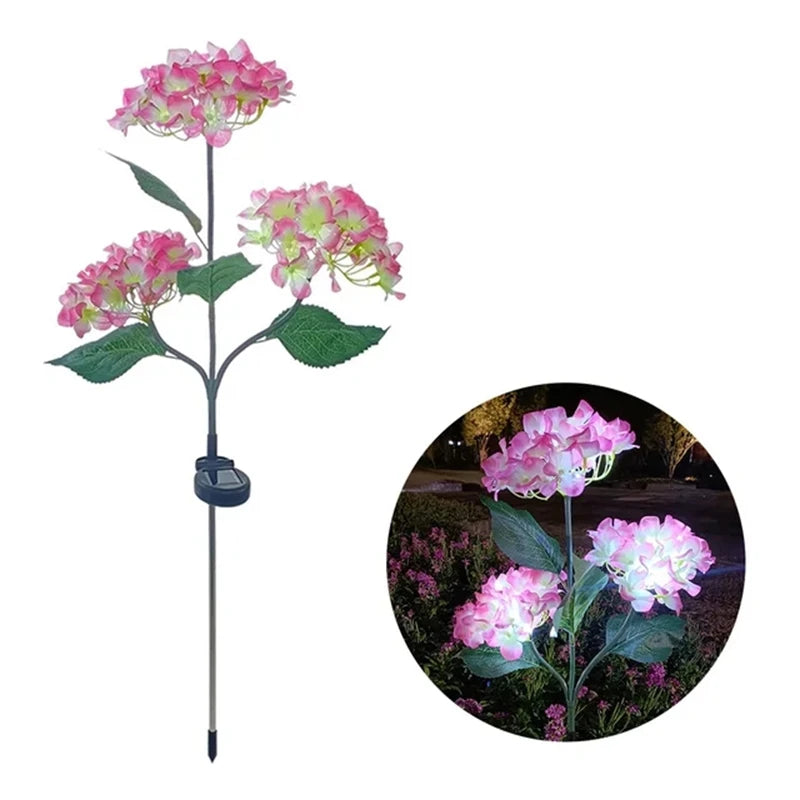 lampe solaire bleue rose blanche violette fleurs hortensias piquet métallique extérieur moderne