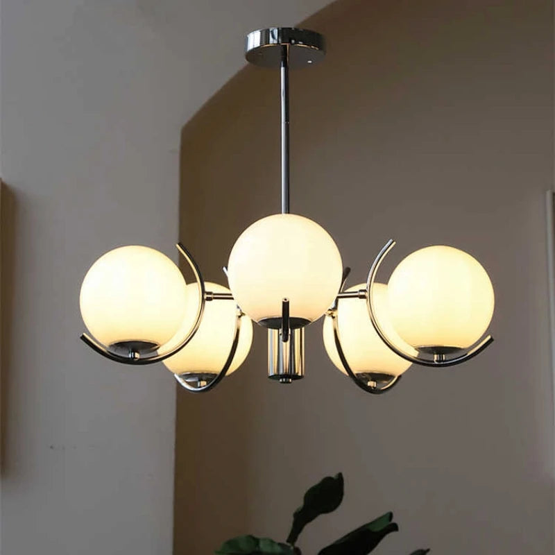 lustre led moderne sphères translucides blanc chrome interrupteur tactile salon chambre