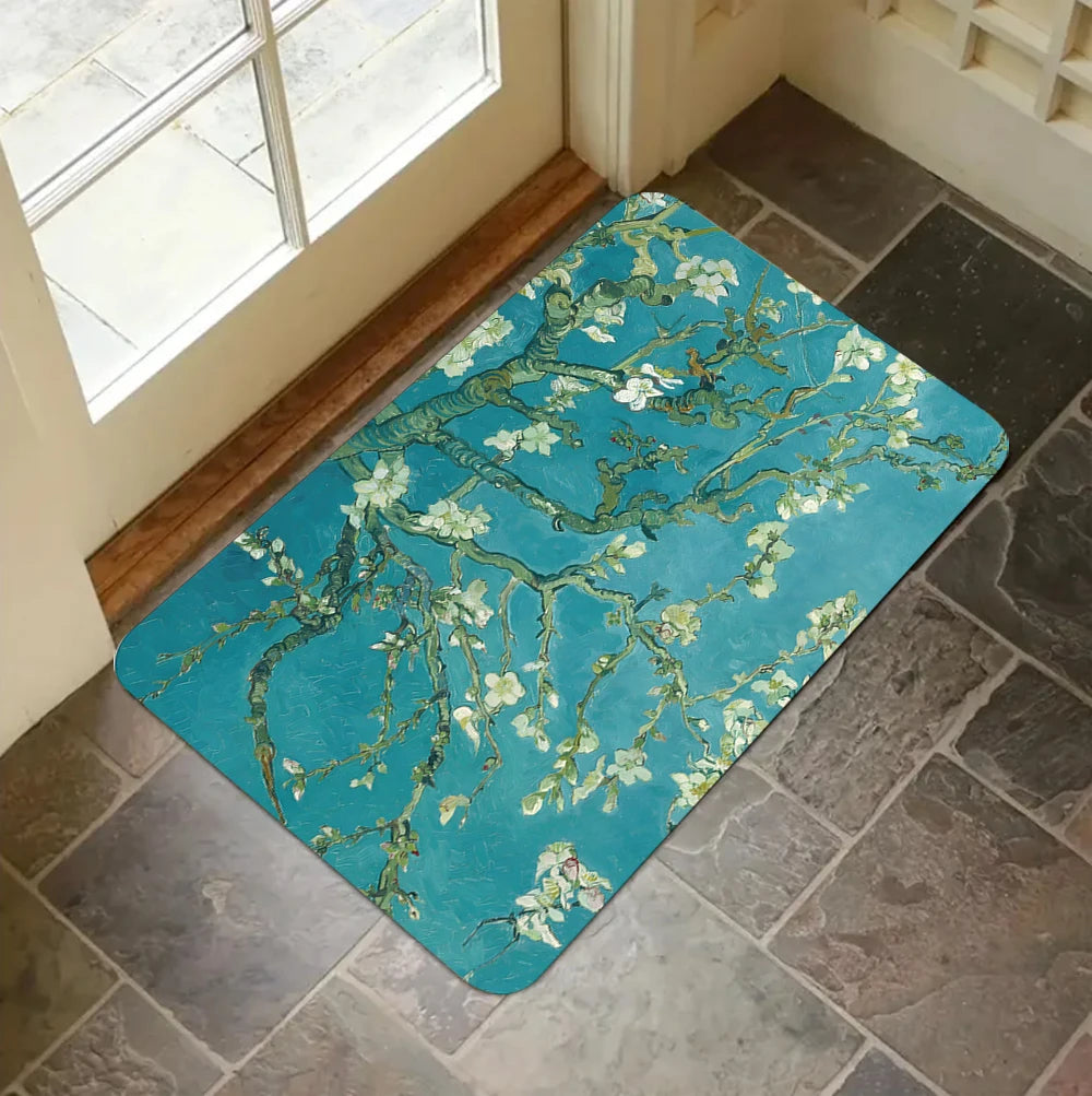 tapis moderne fleurs bleu rose gris van gogh antidérapant polyester salon chambre