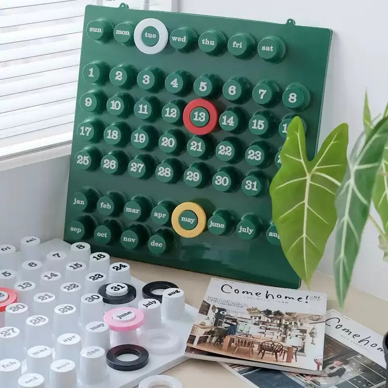 calendrier mural moderne minimaliste adhésif vert blanc rouge jaune numéroté mois jour semaine année