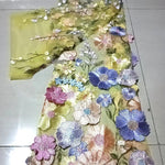 tissu brocart fleurs reliefs multicolore rose bleu vert jaune blanc biodegradable longueur 150cm echangable