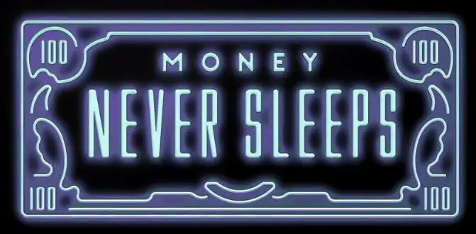 cadre lumineux led vert neon motif billet banque texte money never sleeps murale moderne