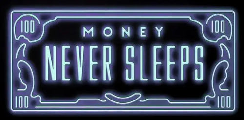 cadre lumineux led vert neon motif billet banque texte money never sleeps murale moderne