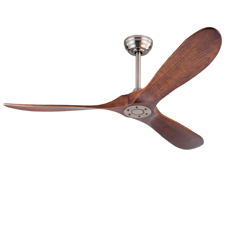 ventilateur moderne bois finition marron lames bois massif télécommande inclusion poteaux métalliques 52pouces