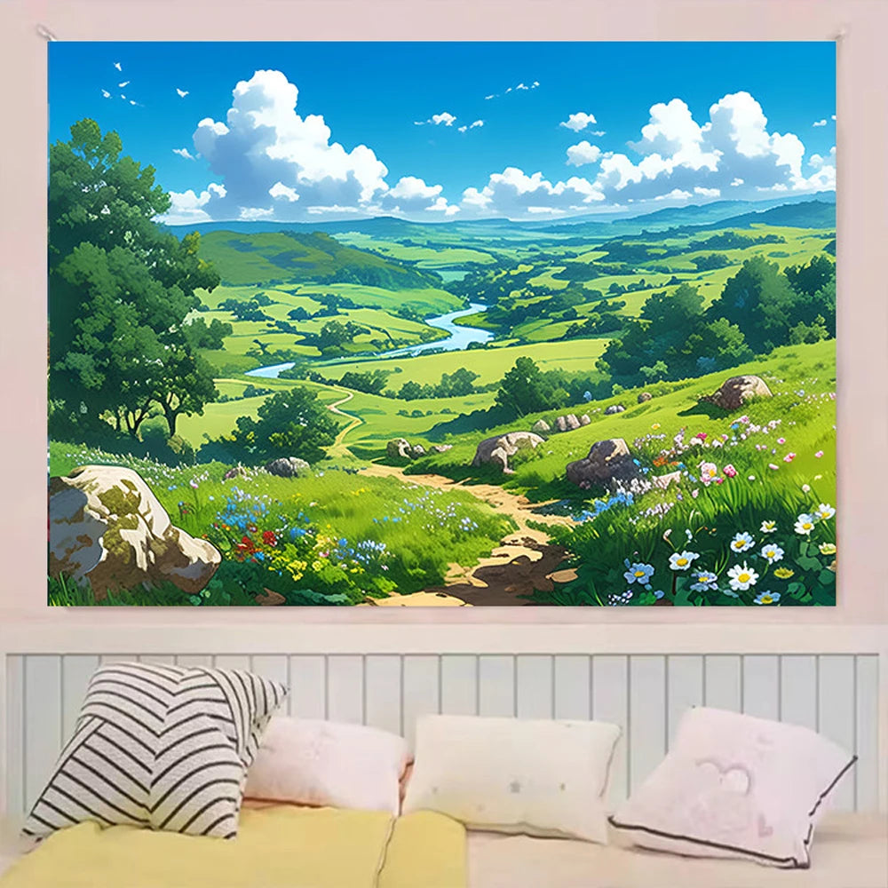 toile d'art paysages naturels illustration vert bleu blanc beige gris rouge jaune coucher soleil
