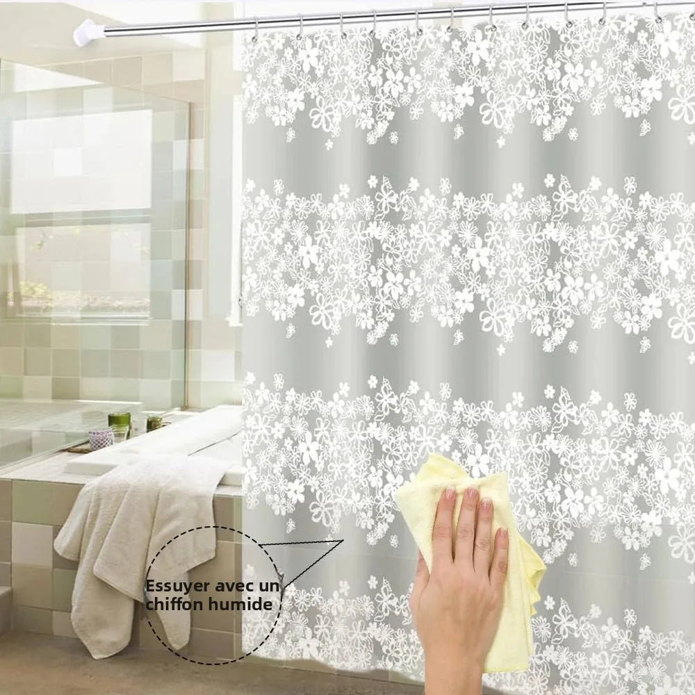 rideau douche moderne fleurs blanches translucide éva ourlet standard 180x200cm respectueux environnement crochets facile
