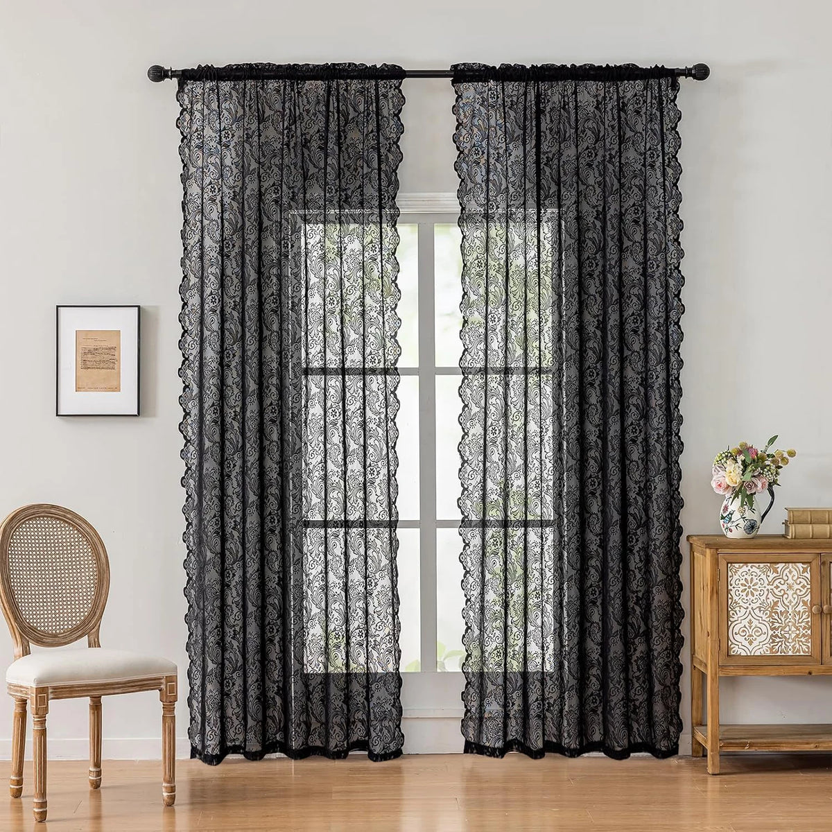 rideau noir floral transparent classique salon 100 polyester
