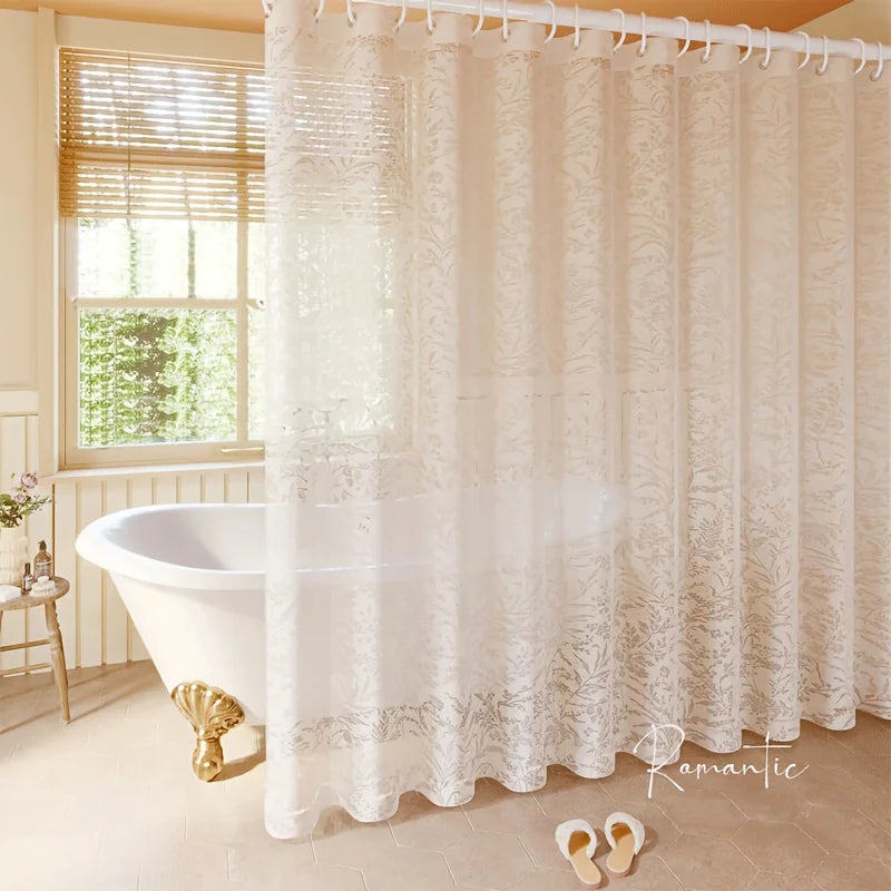 rideau douche imprimé floral beige clair semi transparent classique anneaux métalliques polyester relief