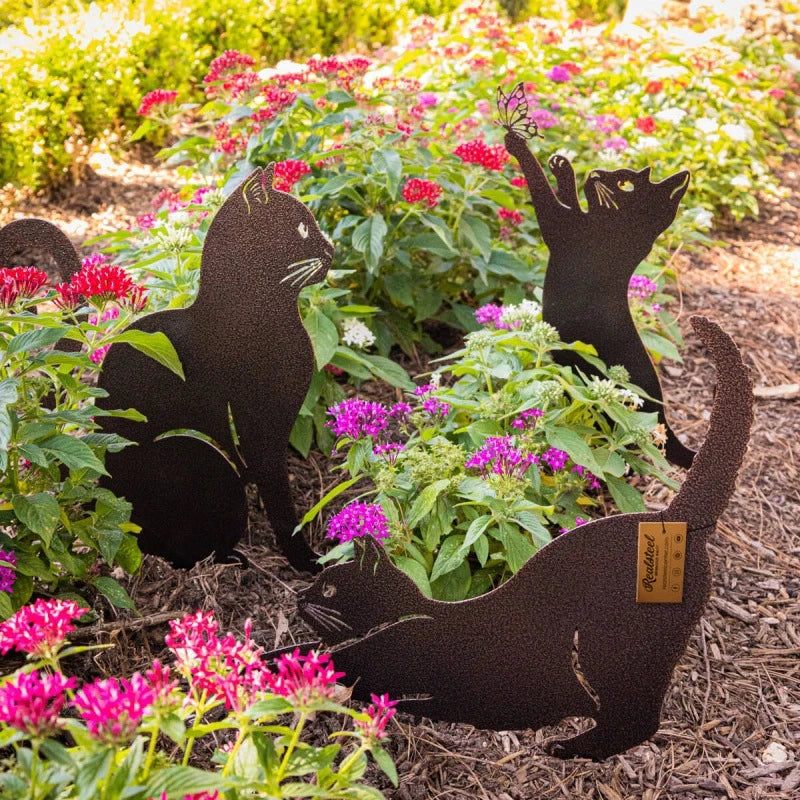 décoration jardin chat métal noir rouille silhouette animaux extérieur fleurs outils bottes jaunes