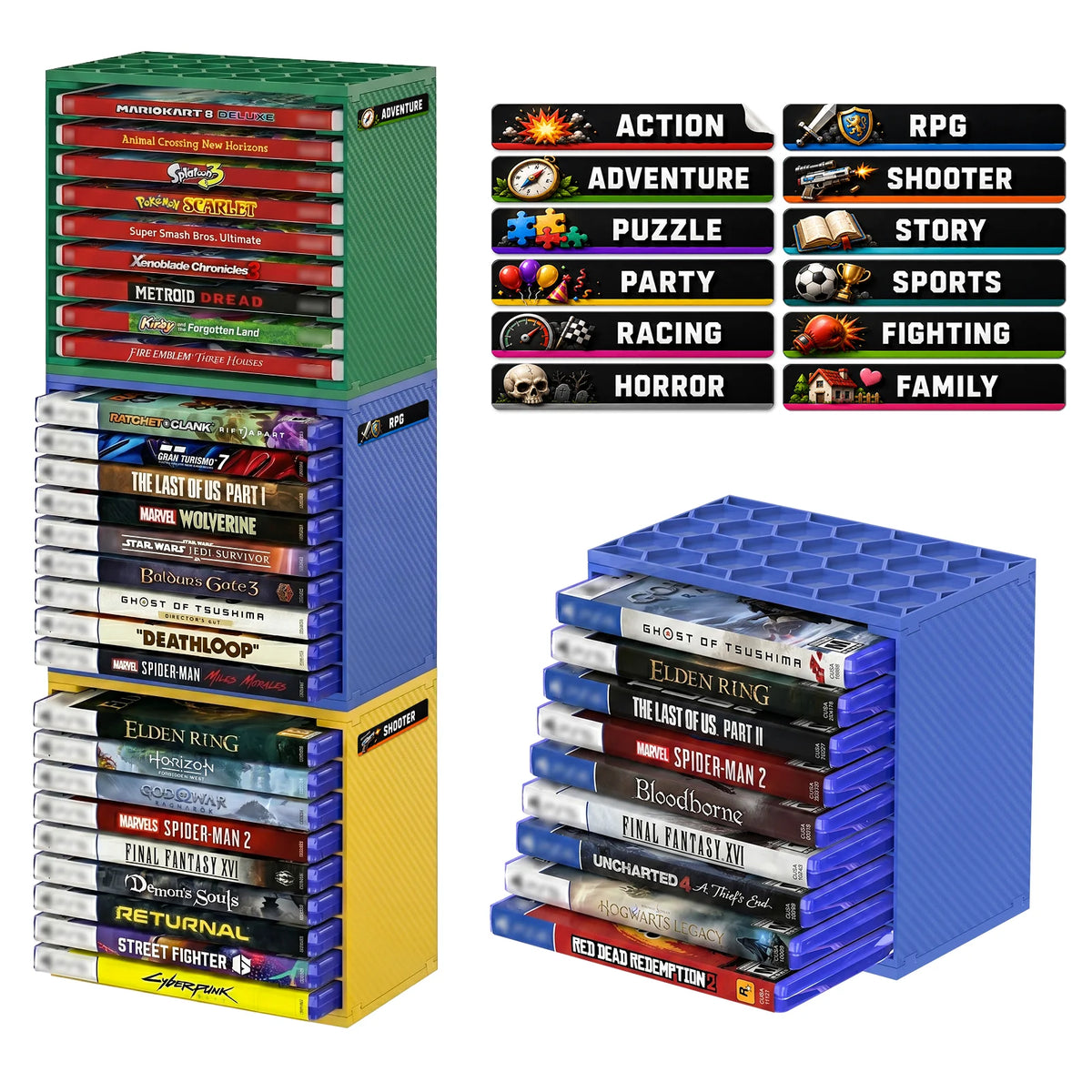 support rangement rack hexagonal moderne couleur vert bleu jaune étui cartes jeu stickers classification