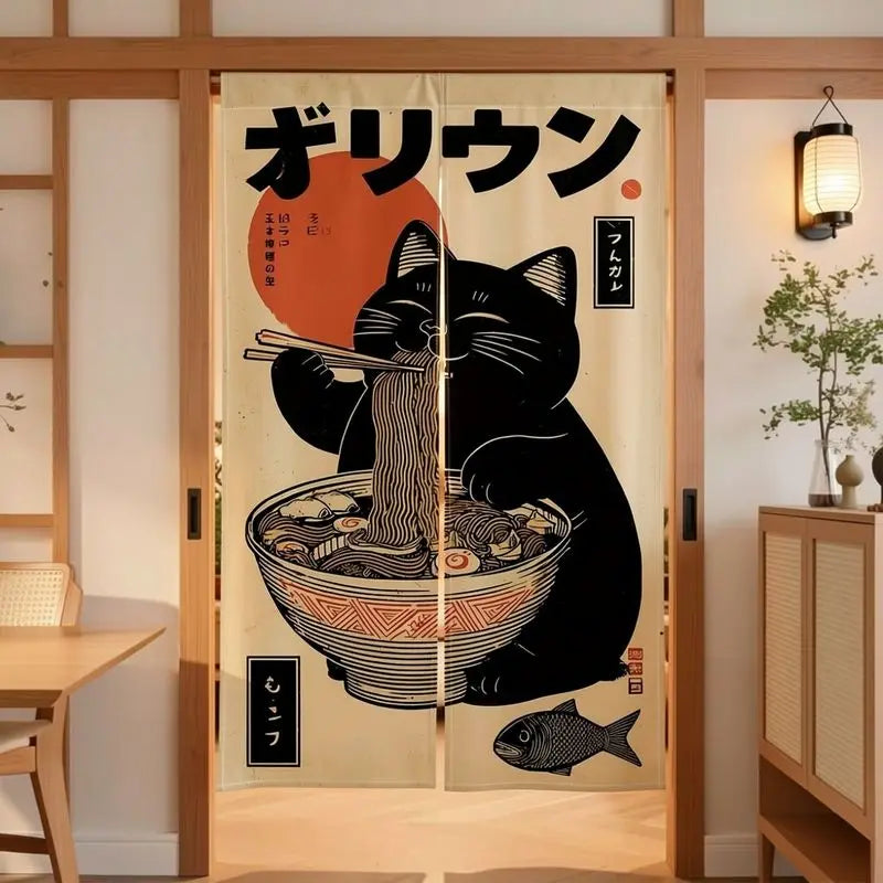 rideau porte vintage japonais chat noir nouilles poisson beige gris polyester opaque crochets chambre