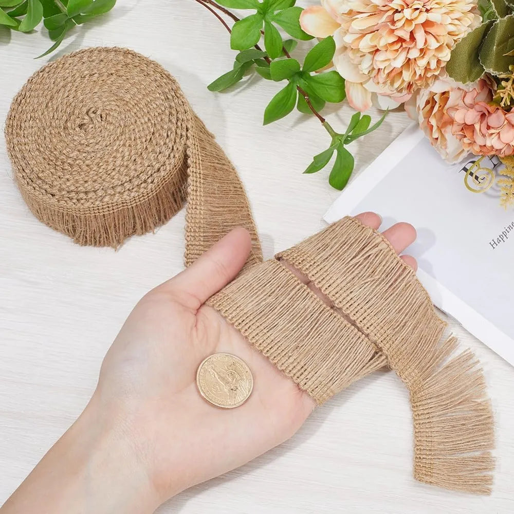 ruban jute naturel franges bohème rustique 5mètres 1.46pouces artisanal decoration interieur