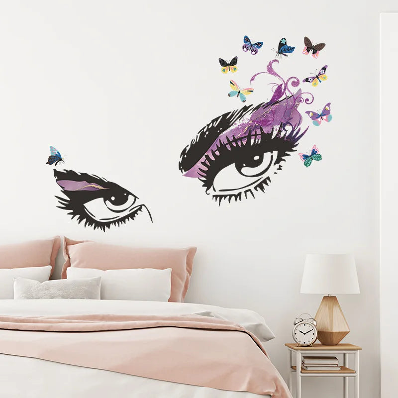 sticker mural yeux stylisés adhésif pvc résistant eau moderne artistique noir violet bleu rose