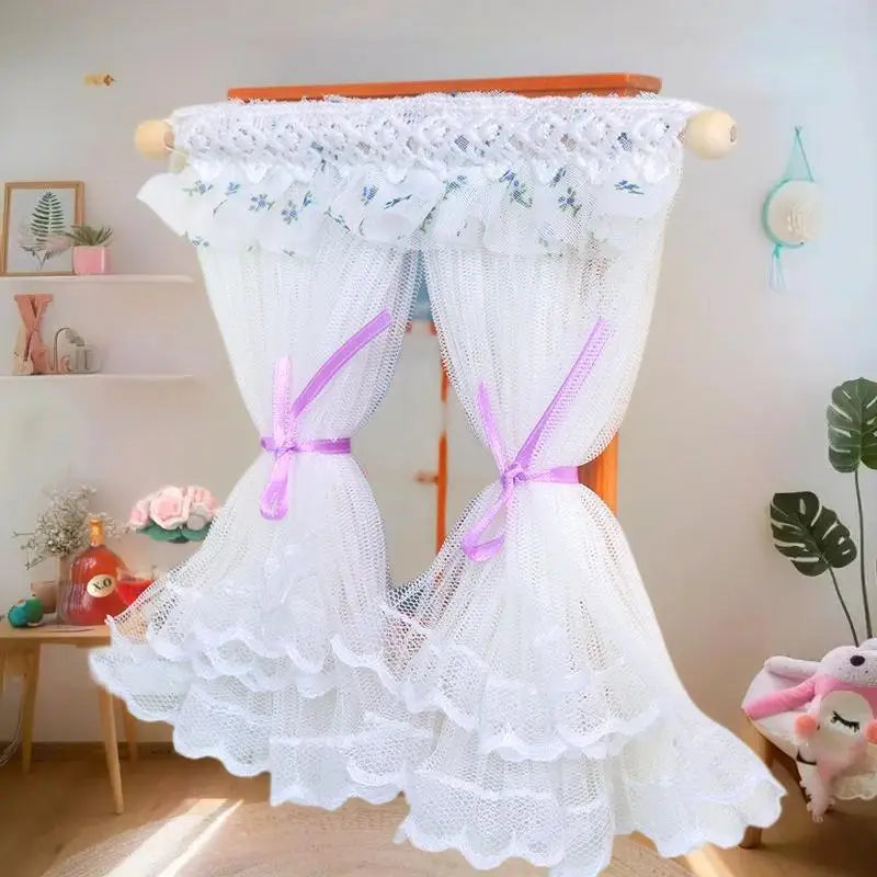 rideaux dentelle transparent blanc franges vintage romantique boules bois fixations rubans miniaturesintérieur decoration