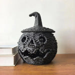 lanterne halloween citrouille tressée visage sculpté orange noire résine mat