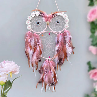 décoration murale bohème hibou plumes rose filet tissé fleurs blanches