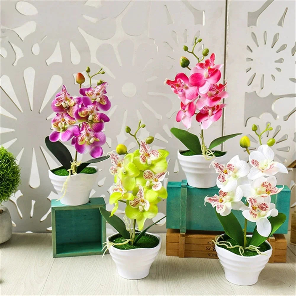 orchidées artificielles violet rose vert blanc moderne décoration intérieur pot feuilles fleurs