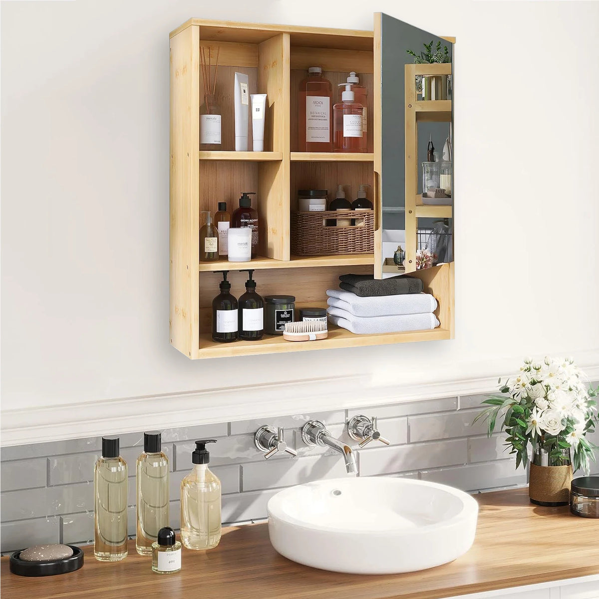 meuble rangement mural miroir bois naturel étagères amovibles moderne chambre bacs accessoires