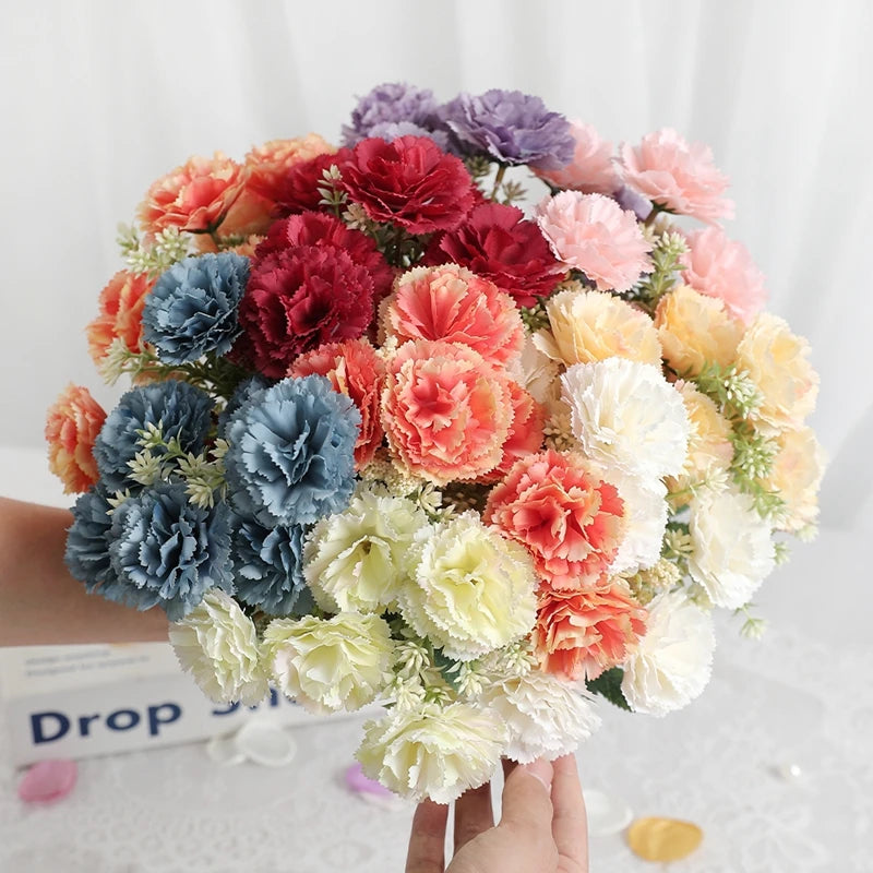 Bouquet artificiel coquelicot feuilles vertes mariage décoration intérieure vase bleu rose orange blanc vert