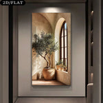 tableau moderne paysage architectural arbre fenetre plante beige vert brun sans cadre toile murale
