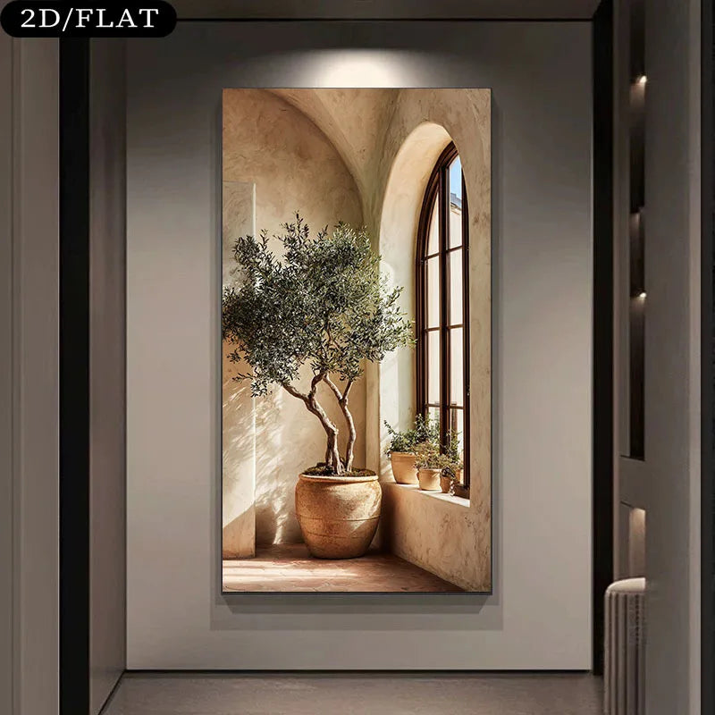 tableau moderne paysage architectural arbre fenetre plante beige vert brun sans cadre toile murale