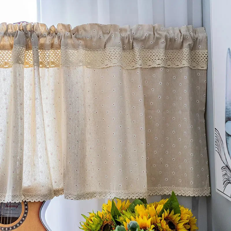 rideau lin beiges fleurs blanches bordure dentelle cuisine classique vintage 140x50cm