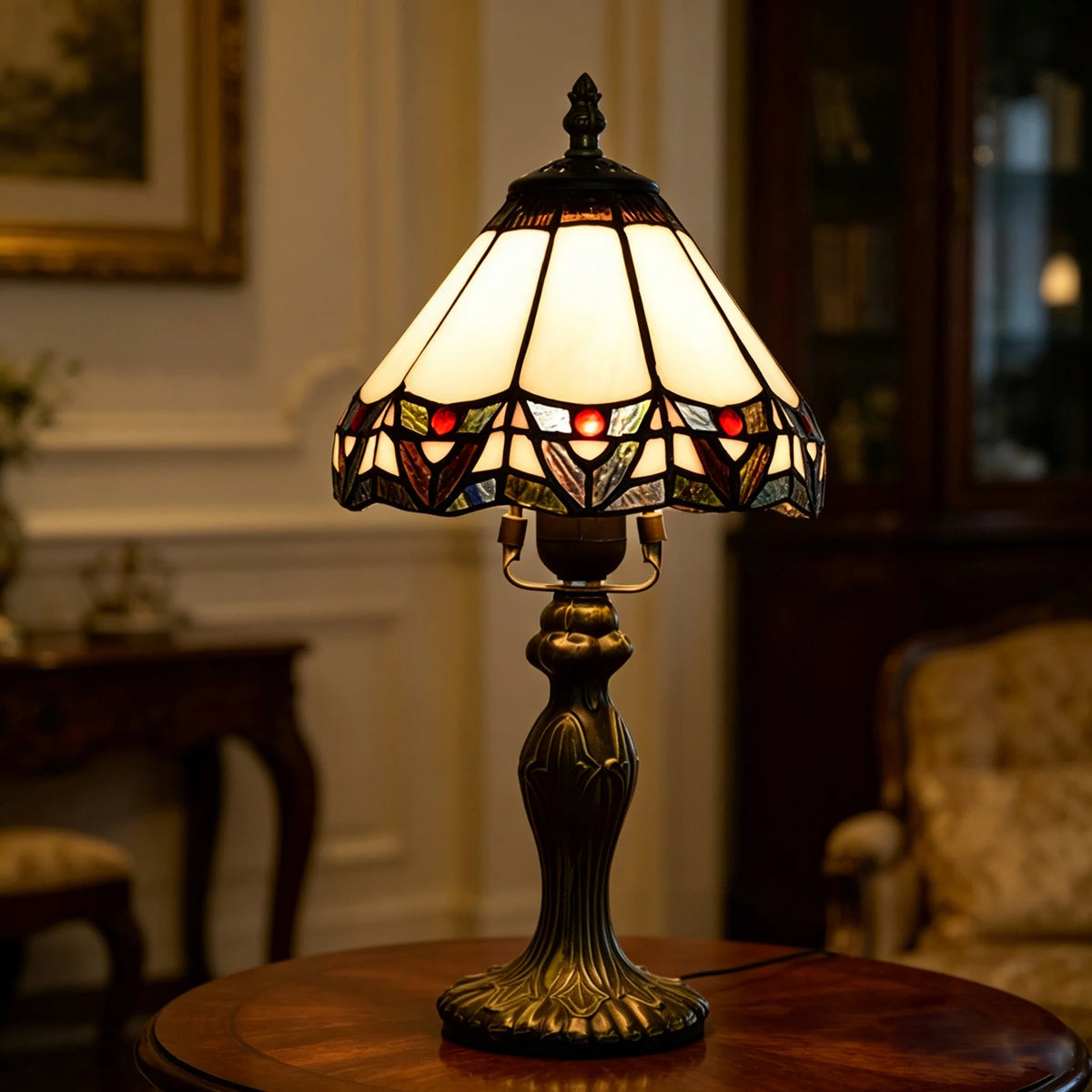 lampe table tiffany verre coloré motifs géométriques vert marron blanc rouge bleu traditionnelle chambre