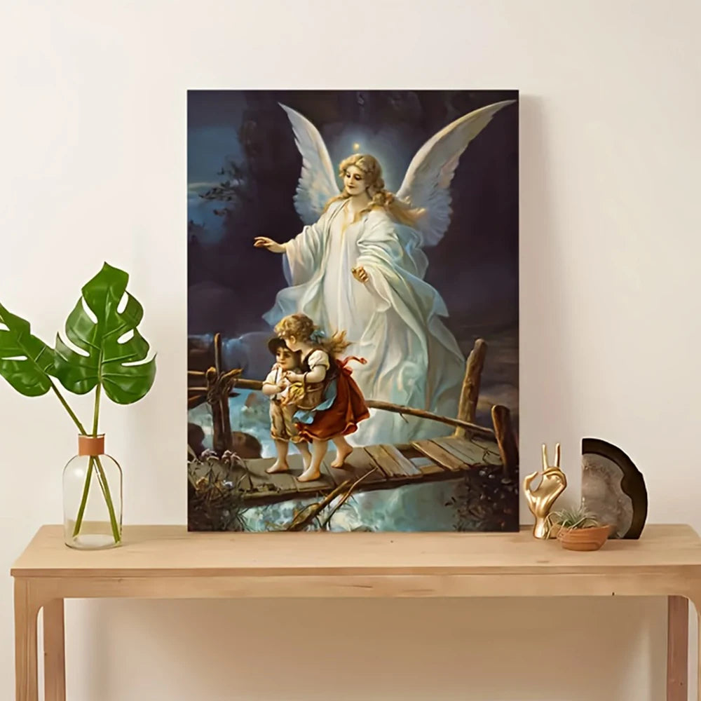 tableau classique religieux ange enfant paysage nocturne blanc doré bleu rose vert noir sans