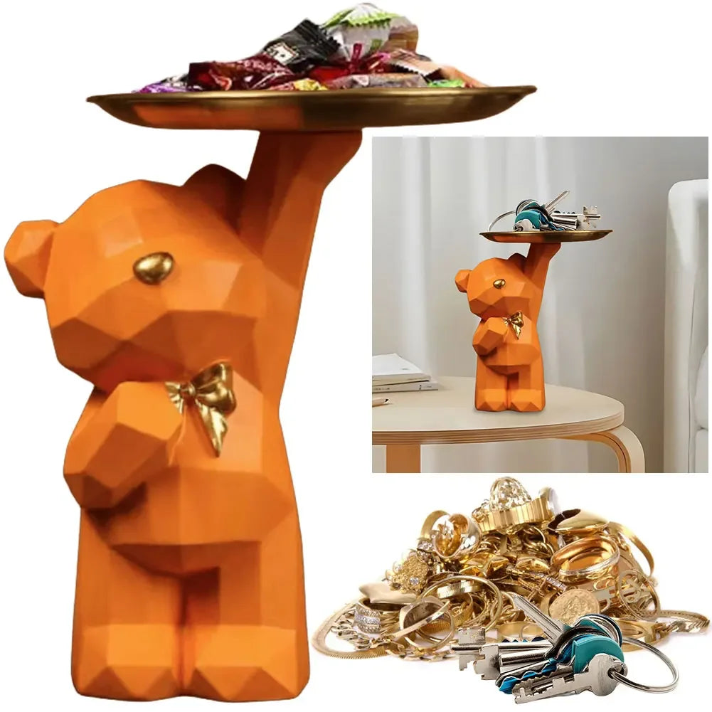support plateau ours géométrique moderne résine rose orange vert brillant décoration sculptural figurine dorée