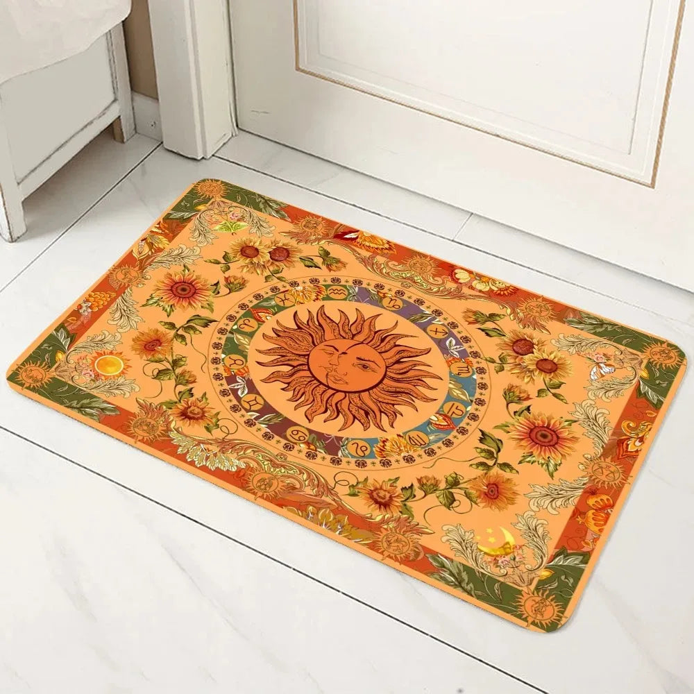 tapis sol boho mystique lune soleil fleurs géométrique bleu orange noir rose blanc