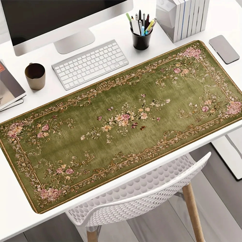 tapis vert olive fleurs roses blanches bordure dorée anti dérapant grande taille classique maison